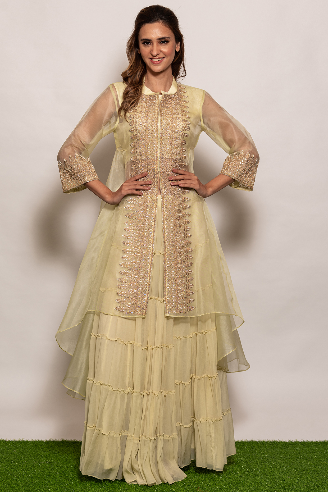 Cream Organza & Chiffon Wedding Sharara Set by Vara By Vibha & Priti at Pernia's Pop Up Shop