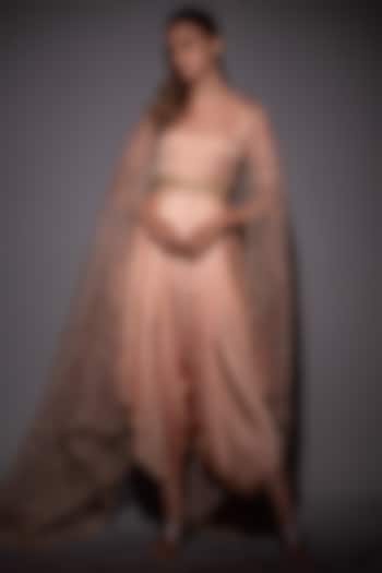 Peach Jumpsuit With Printed Cape by Vara By Vibha & Priti