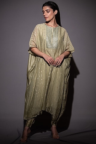 Green Chanderi Silk Kaftan Tunic by Vara By Vibha & Priti