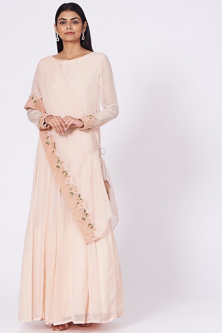 Peach Embroidered Draped Anarkali Gown by Vara By Vibha & Priti