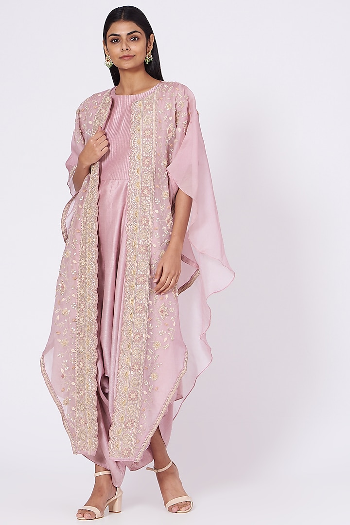 Mauve Jumpsuit With Embroidered Cape by Vara By Vibha & Priti