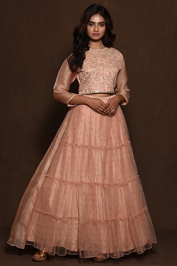 Pink Organza Layered Skirt Set by Vara By Vibha & Priti at Pernia's Pop Up Shop