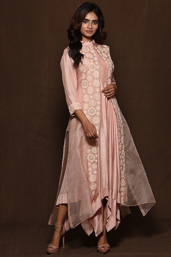 Pink Tunic With Embroidered Jacket by Vara By Vibha & Priti