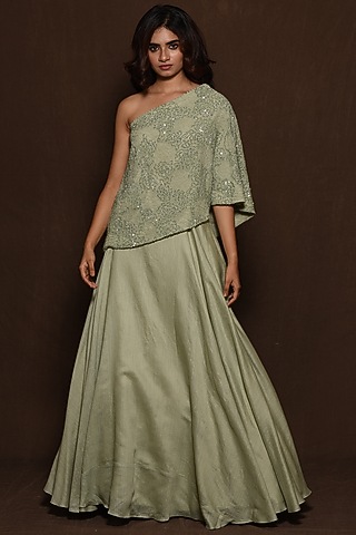 Green Georgette Maxi Skirt Set by Vara By Vibha & Priti