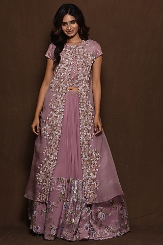Lilac Hand Embroidered Cape Set by Vara By Vibha & Priti