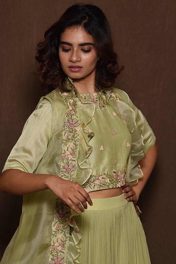 Green Hand Embroidered Jacket Set by Vara By Vibha & Priti at Pernia's Pop Up Shop