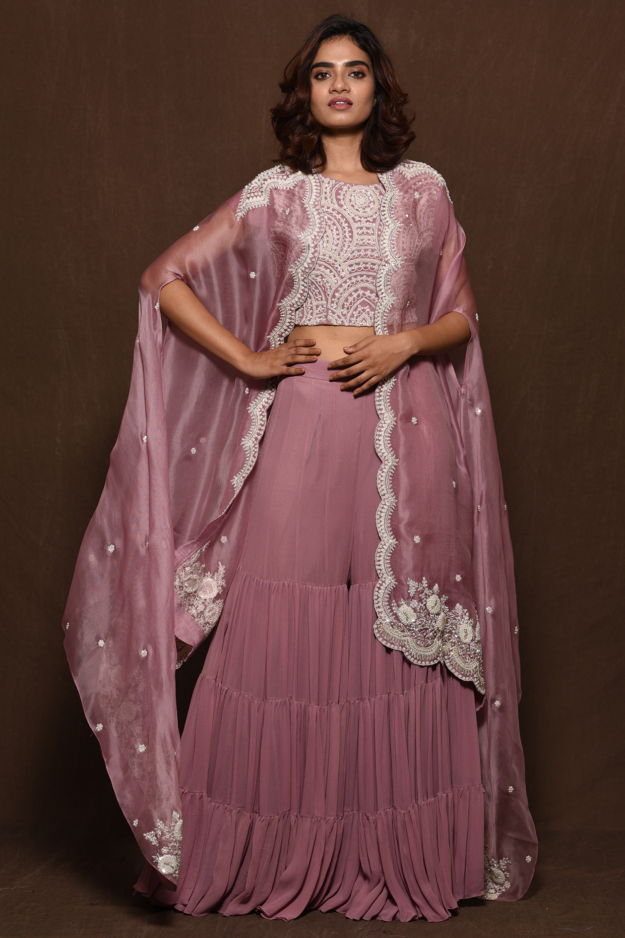 Lilac Embroidered Cape Set by Vara By Vibha & Priti at Pernia's Pop Up Shop
