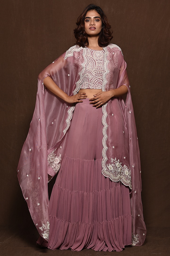 Lilac Embroidered Cape Set by Vara By Vibha & Priti