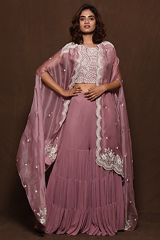 Lilac Embroidered Cape Set by Vara By Vibha & Priti