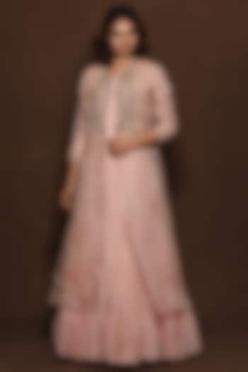 Pink Layered Gown With Jacket by Vara By Vibha Priti at Pernia's