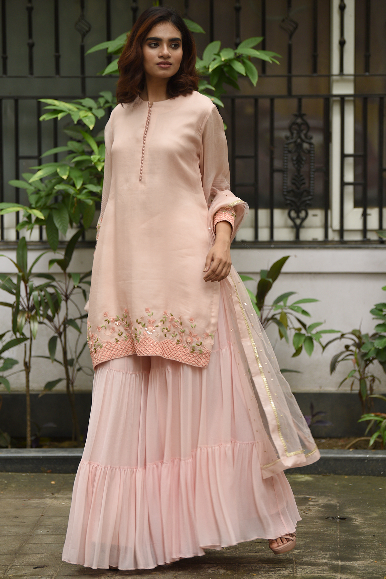 Pink Chiffon Party Wear Sharara Set by Vara By Vibha & Priti at Pernia's Pop Up Shop