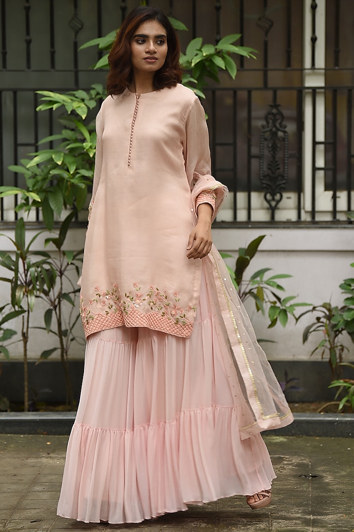 Pink Chiffon Sharara Set Design by Vara By Vibha Priti at