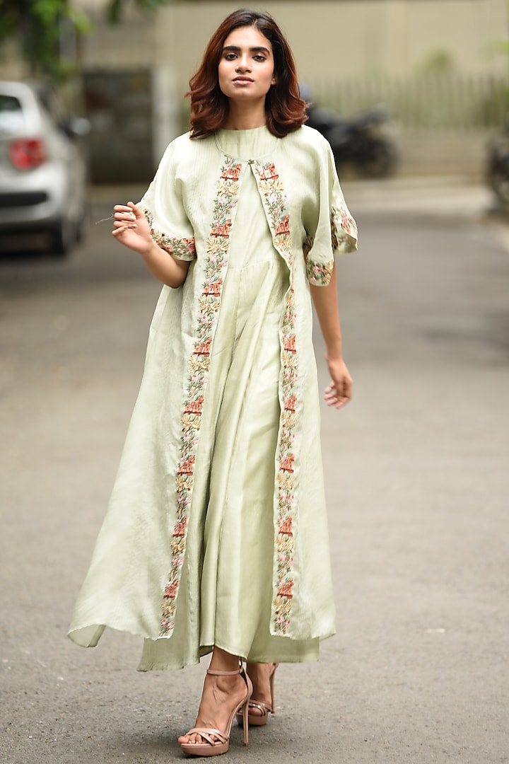 Green Jumpsuit With Embroidered Jacket by Vara By Vibha & Priti