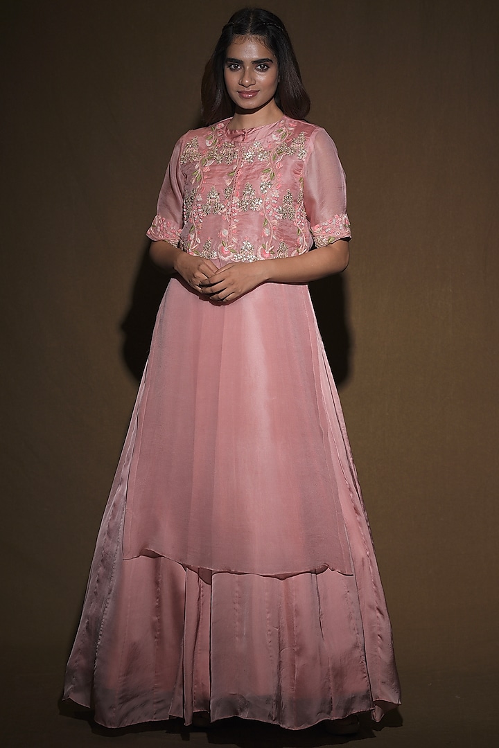 Pink Hand Embroidered Layered Gown by Vara By Vibha & Priti