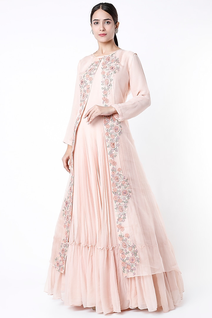 Powder Pink Embroidered Gown With Jacket by Vara By Vibha & Priti
