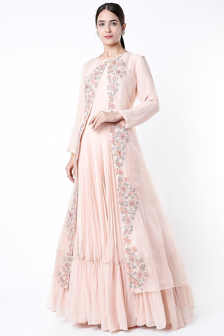 Powder Pink Embroidered Party Wear Gown With Jacket by Vara By Vibha & Priti at Pernia's Pop Up Shop