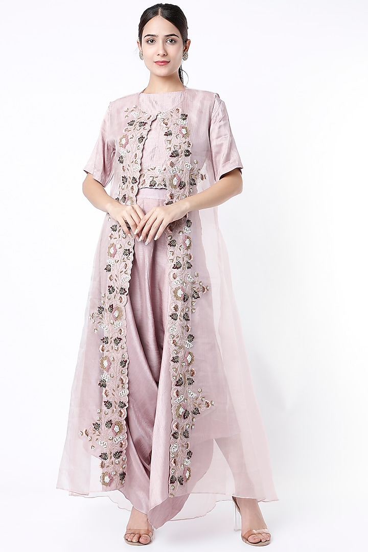 Lilac Harem Jumpsuit With Embroidered Jacket by Vara By Vibha & Priti
