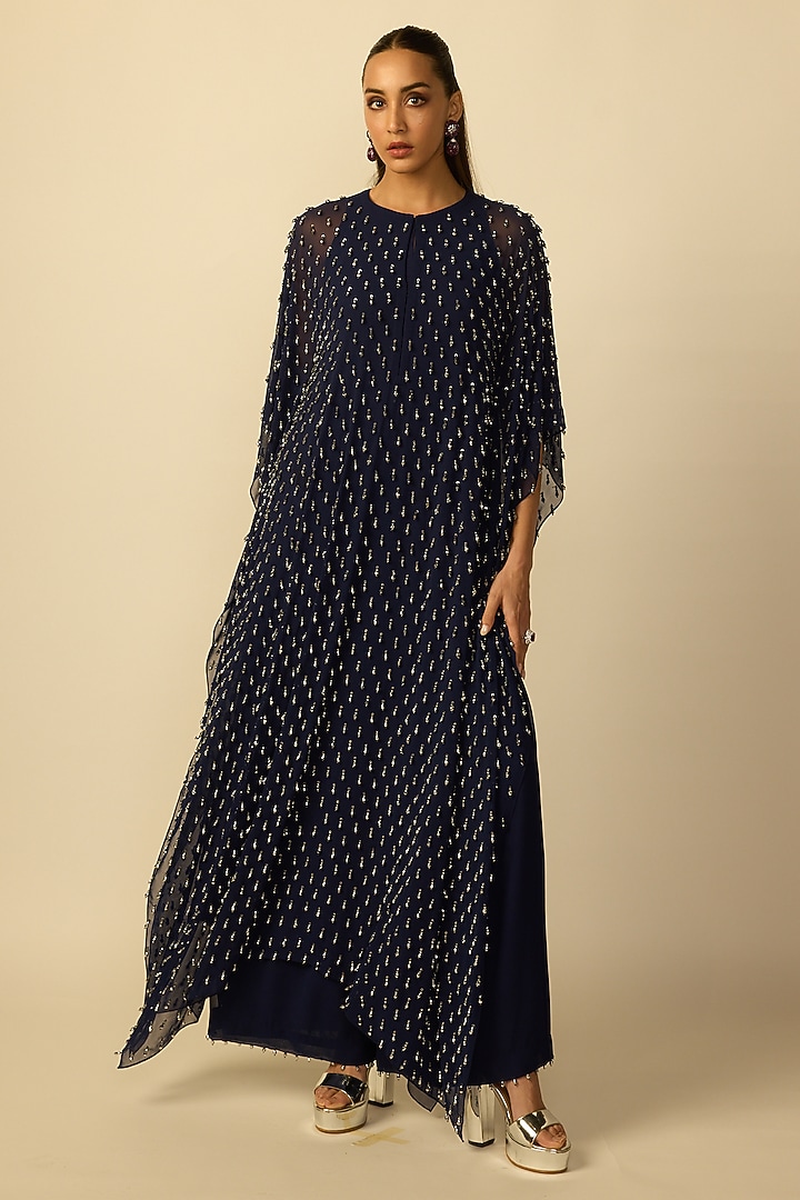 Deep Blue Georgette Embroidered Kaftan Set by Vvani By Vani Vats at Pernia's Pop Up Shop