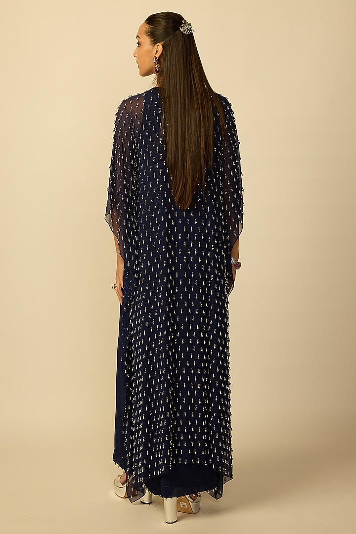 Deep Blue Georgette Embroidered Kaftan Set by Vvani By Vani Vats at Pernia's Pop Up Shop