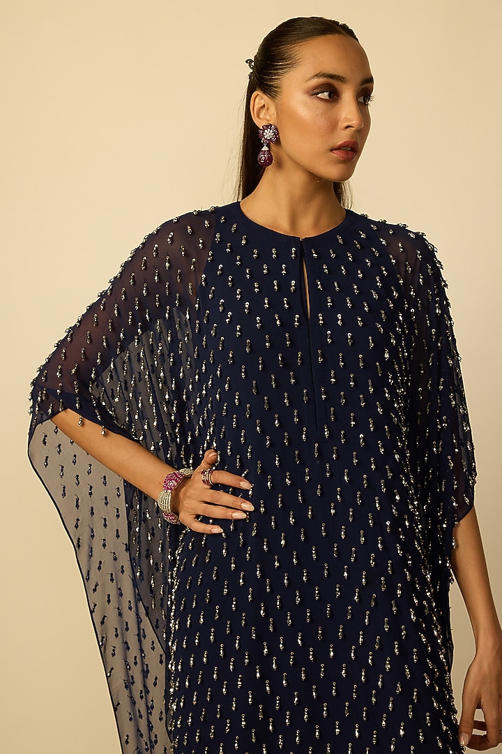 Deep Blue Georgette Embroidered Kaftan Set by Vvani By Vani Vats at Pernia's Pop Up Shop