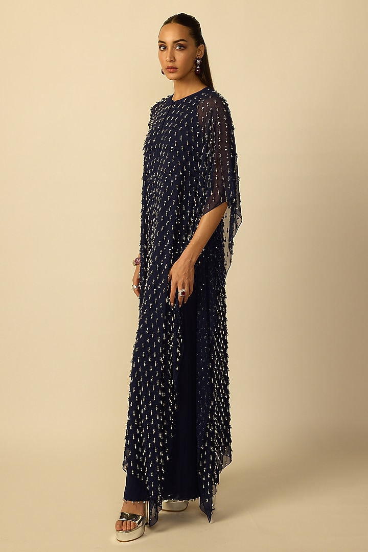 Deep Blue Georgette Embroidered Kaftan Set by Vvani By Vani Vats at Pernia's Pop Up Shop
