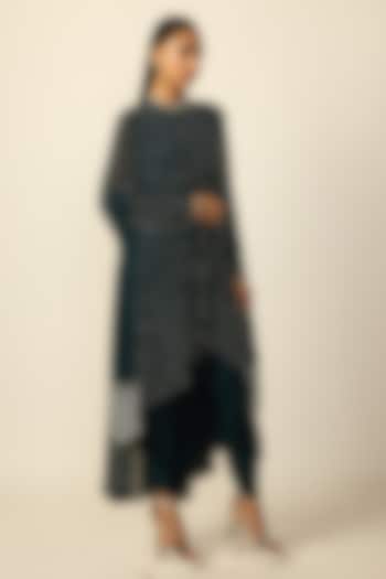 Dark Teal Georgette Silver Embroidered Kurta Set by Vvani By Vani Vats at Pernia's Pop Up Shop