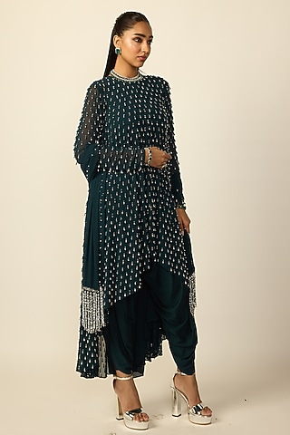 Dark Teal Georgette Silver Embroidered Kurta Set by Vvani By Vani Vats