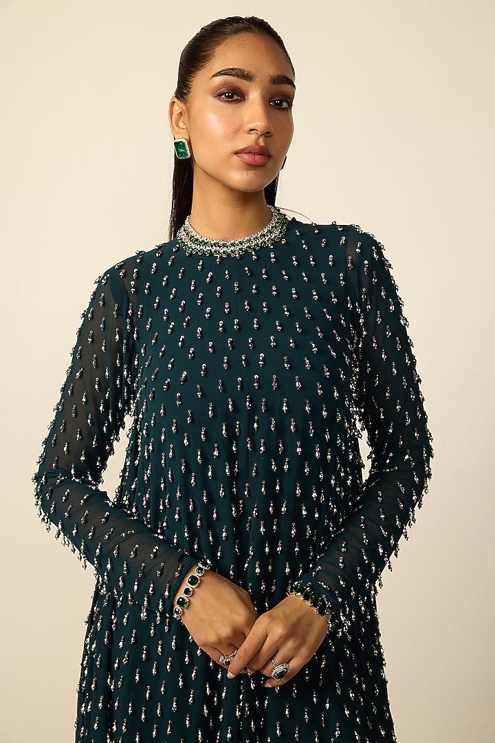 Dark Teal Georgette Silver Embroidered Kurta Set by Vvani By Vani Vats at Pernia's Pop Up Shop