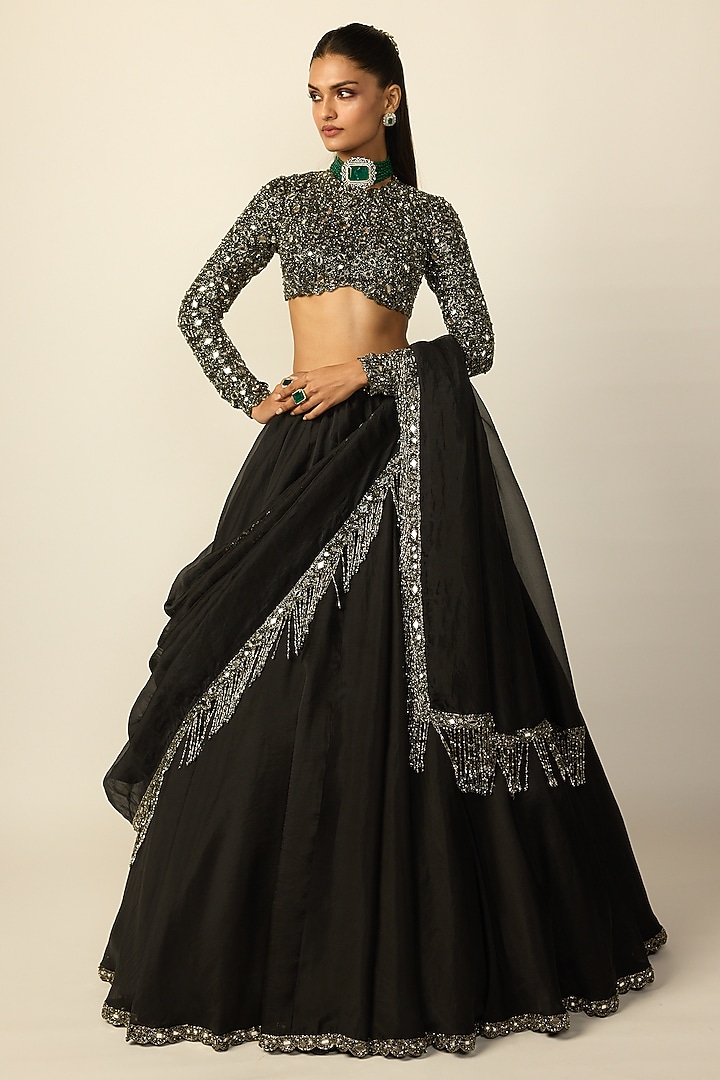 Black Georgette Wedding Lehenga Set by Vvani By Vani Vats at Pernia's Pop Up Shop
