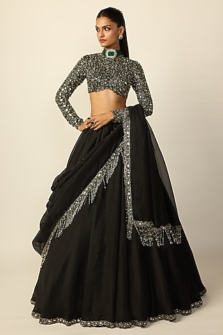 Black Georgette Lehenga Set by Vvani By Vani Vats