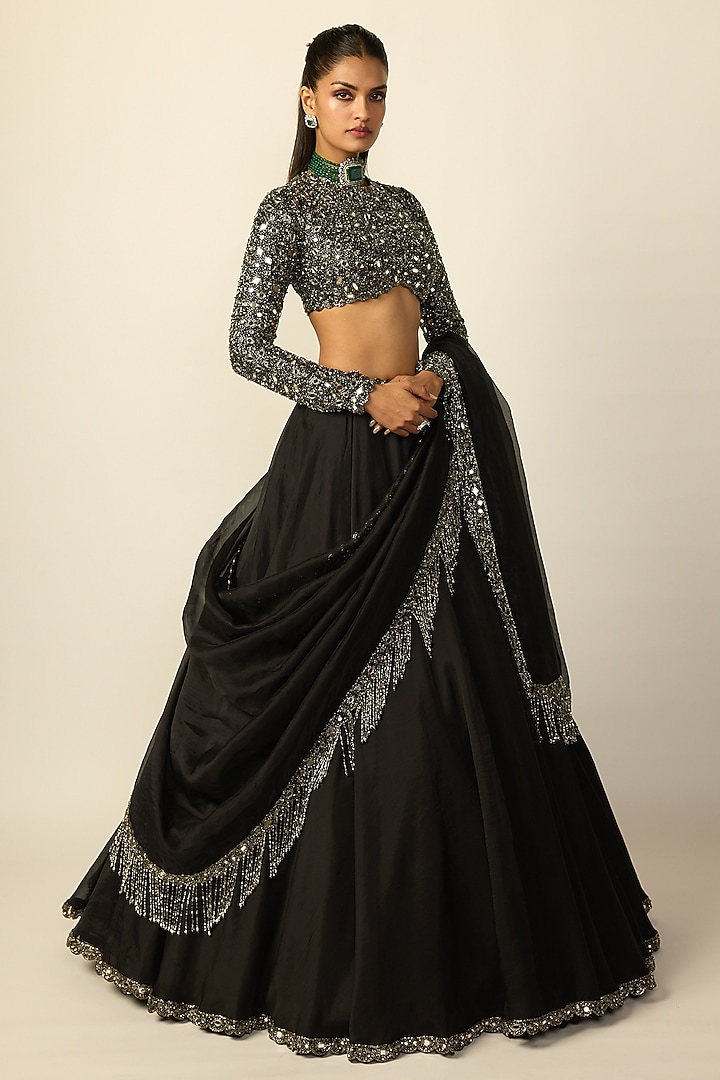 Black Georgette Wedding Lehenga Set by Vvani By Vani Vats at Pernia's Pop Up Shop