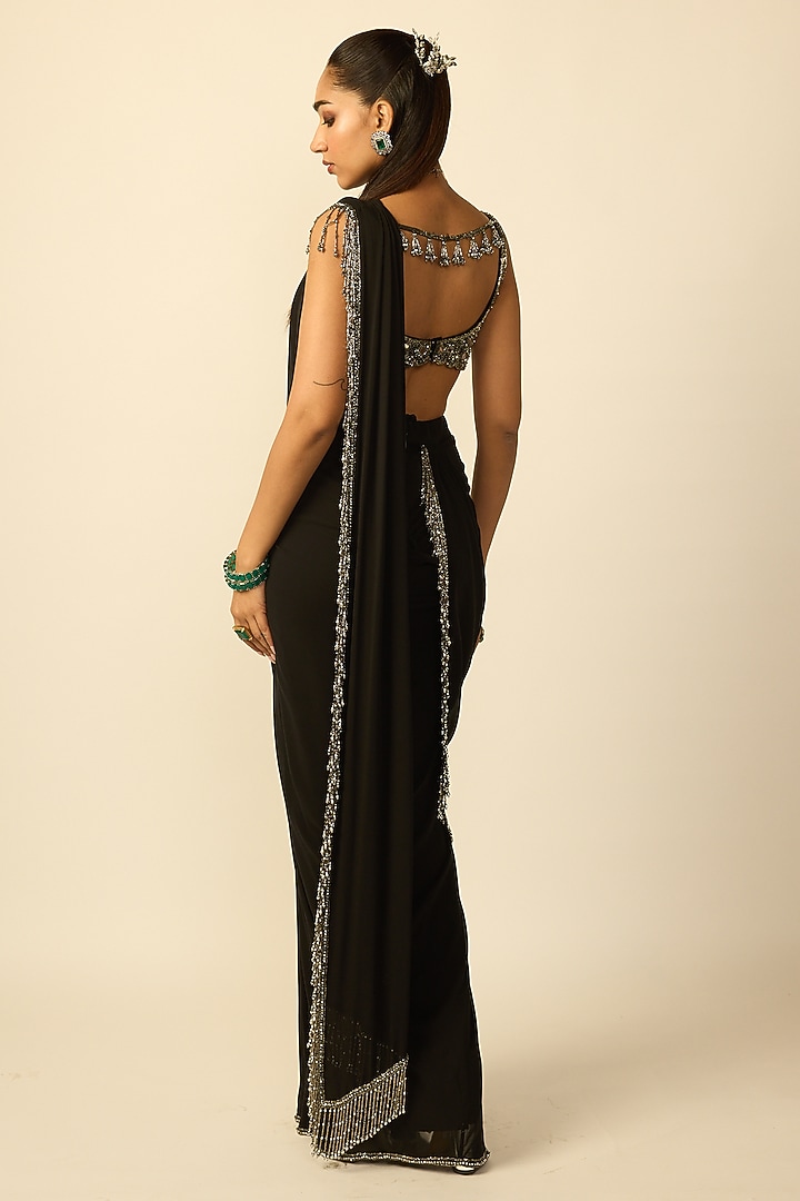 Black Georgette Draped Reception Saree Set by Vvani By Vani Vats at Pernia's Pop Up Shop