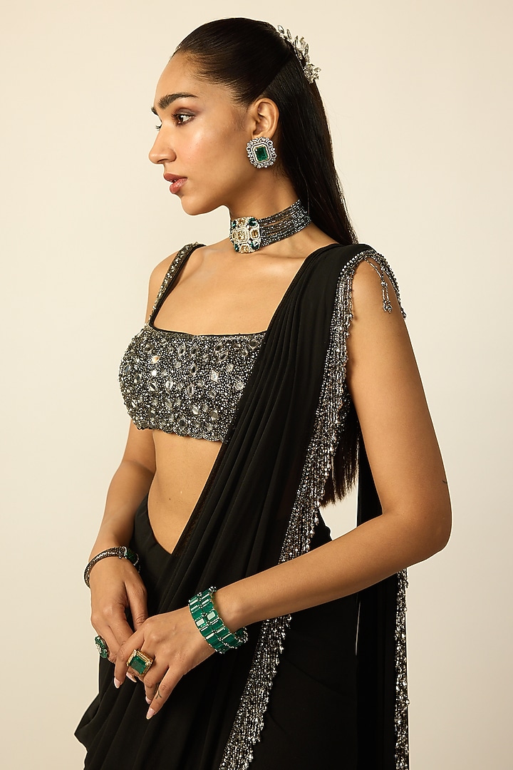 Black Georgette Draped Reception Saree Set by Vvani By Vani Vats at Pernia's Pop Up Shop