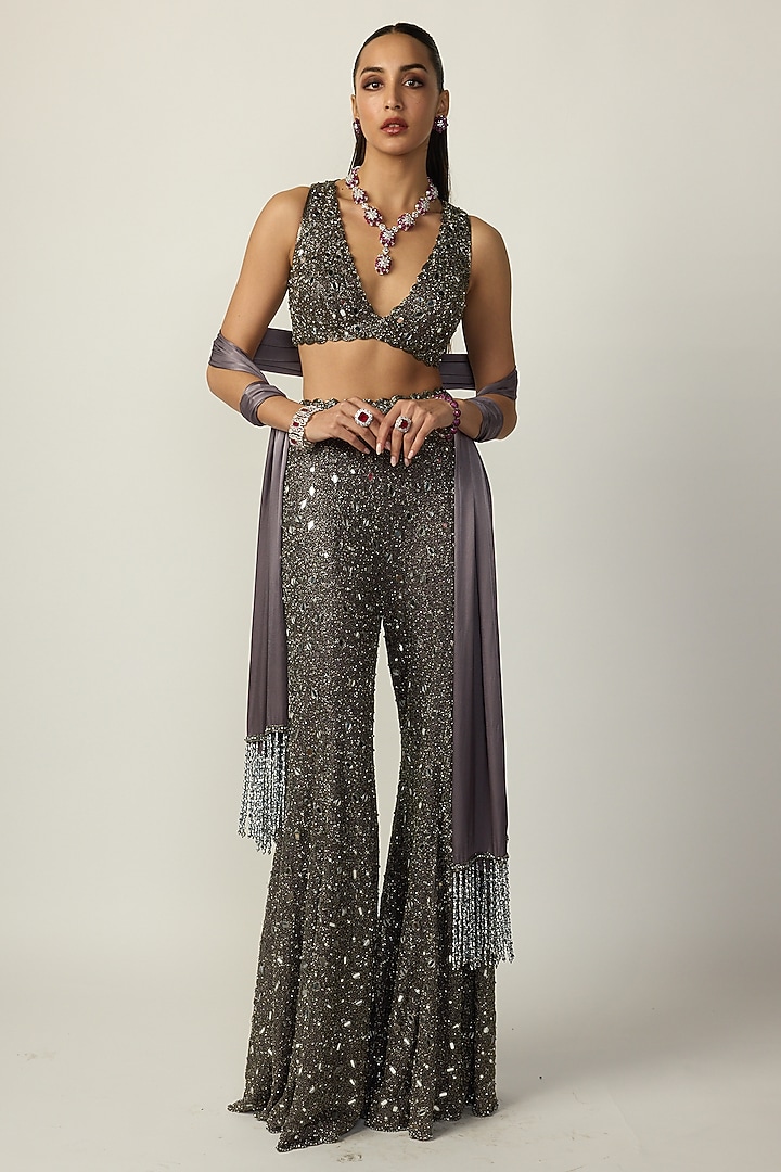 Metallic Grey Net Bridal Sharara Set by Vvani By Vani Vats at Pernia's Pop Up Shop