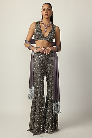 Metallic Grey Net Sharara Set by Vvani By Vani Vats