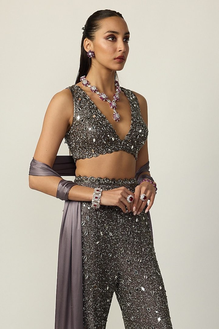 Metallic Grey Net Bridal Sharara Set by Vvani By Vani Vats at Pernia's Pop Up Shop