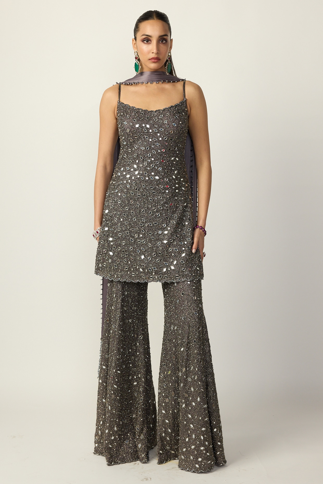 Vvani By Vani Vats Metallic Grey Net Sharara Set