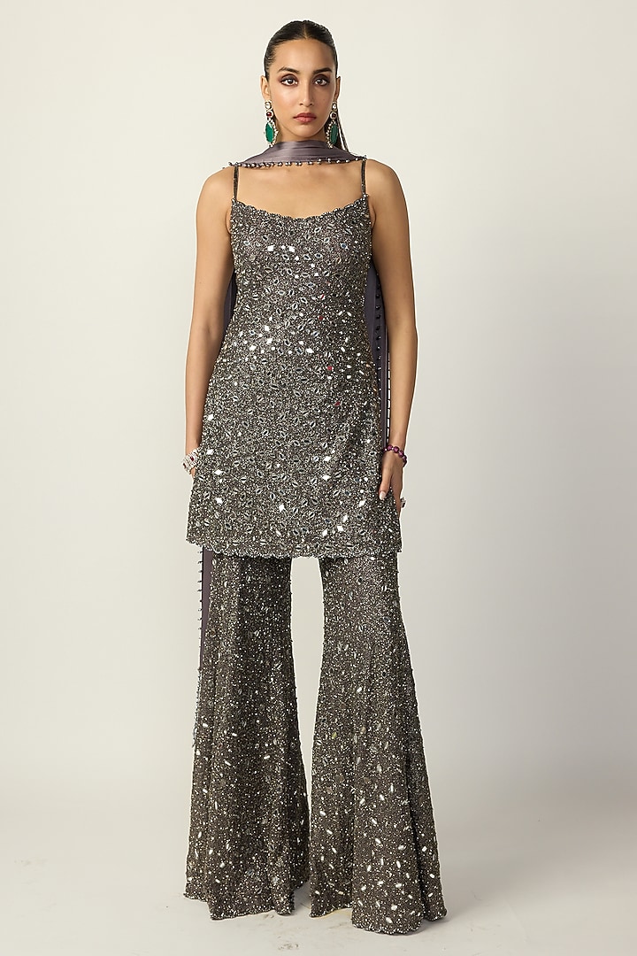 Metallic Grey Net Bridal Sharara Set by Vvani By Vani Vats at Pernia's Pop Up Shop