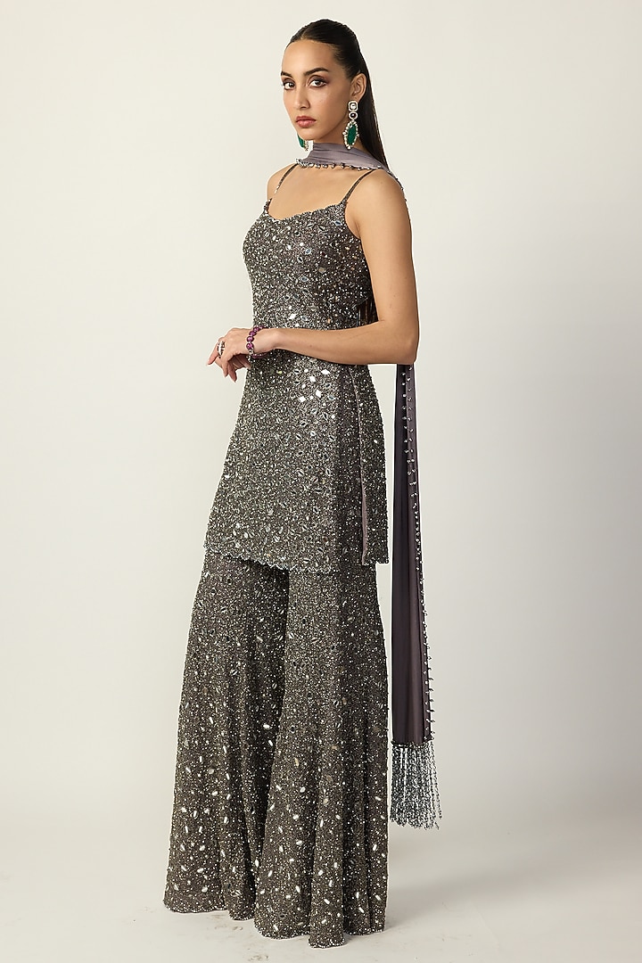 Metallic Grey Net Bridal Sharara Set by Vvani By Vani Vats at Pernia's Pop Up Shop