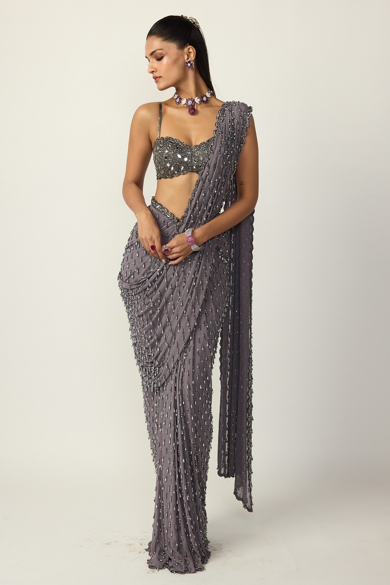 Vvani By Vani Vats Metallic Grey Georgette Draped Saree Set