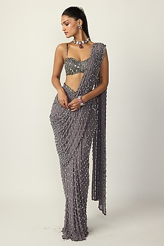 Metallic Grey Georgette Draped Saree Set by Vvani By Vani Vats