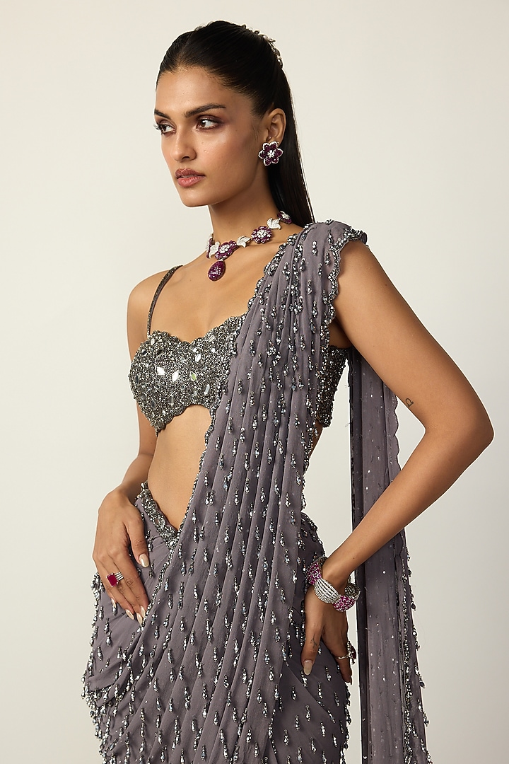 Metallic Grey Georgette Draped Reception Saree Set by Vvani By Vani Vats at Pernia's Pop Up Shop