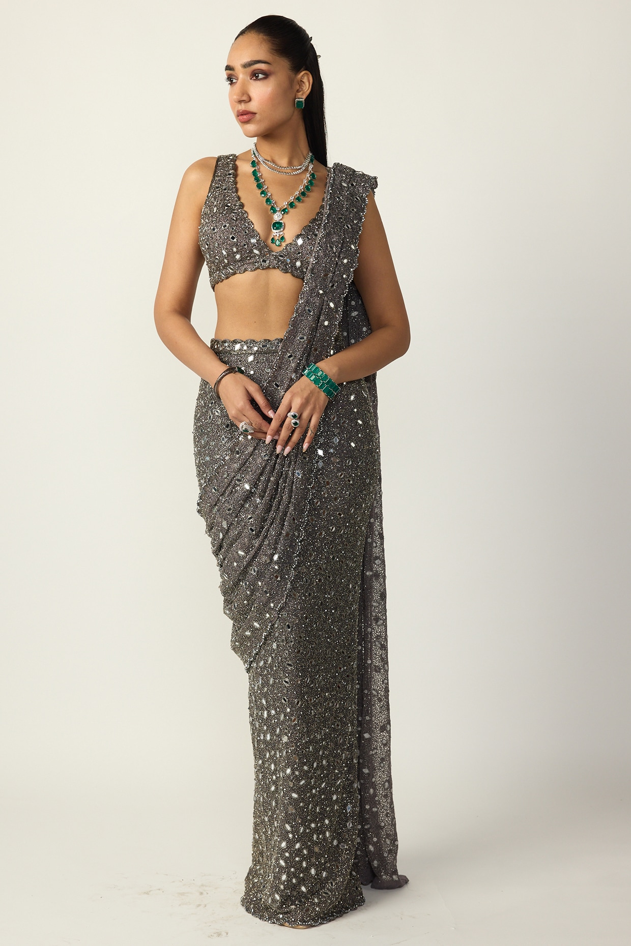 Vvani By Vani Vats Metallic Grey Net Draped Saree Set