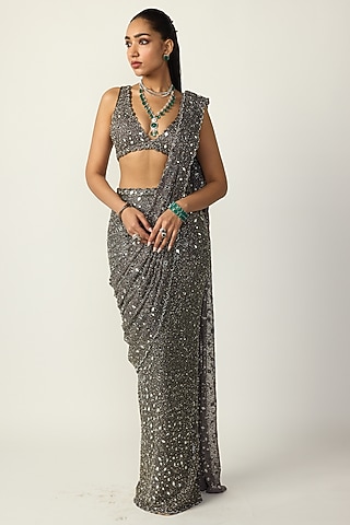 Metallic Grey Net Draped Saree Set by Vvani By Vani Vats