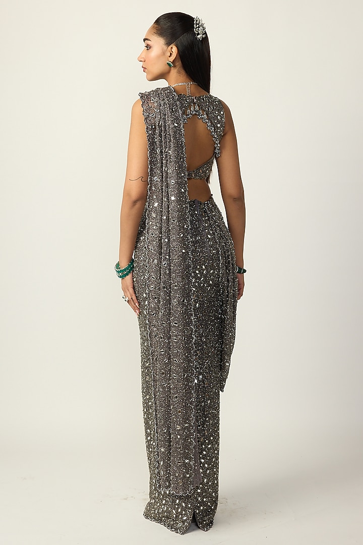 Metallic Grey Net Draped Reception Saree Set by Vvani By Vani Vats at Pernia's Pop Up Shop