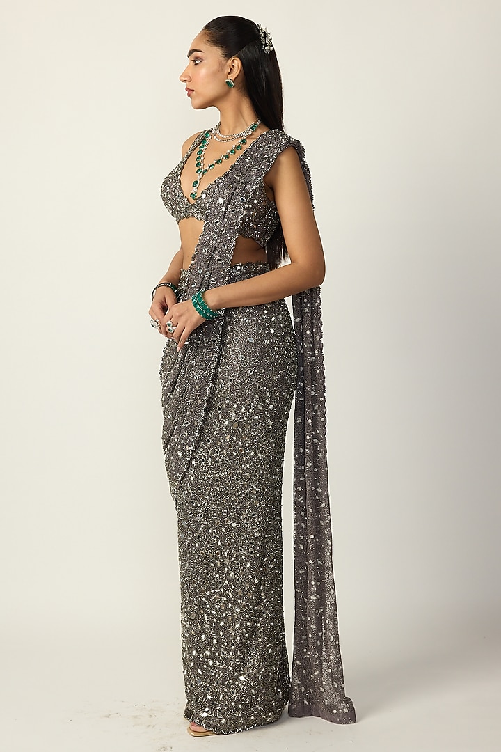 Metallic Grey Net Draped Reception Saree Set by Vvani By Vani Vats at Pernia's Pop Up Shop
