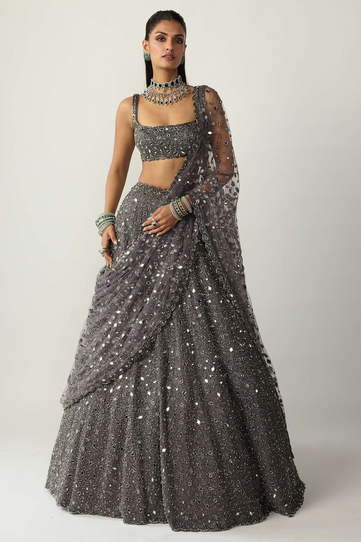 Vvani By Vani Vats Metallic Grey Organza Lehenga Set