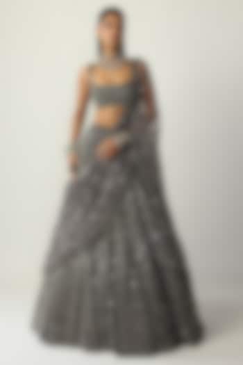 Metallic Grey Organza Bridal Lehenga Set by Vvani By Vani Vats at Pernia's Pop Up Shop