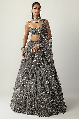 Metallic Grey Organza Lehenga Set by Vvani By Vani Vats
