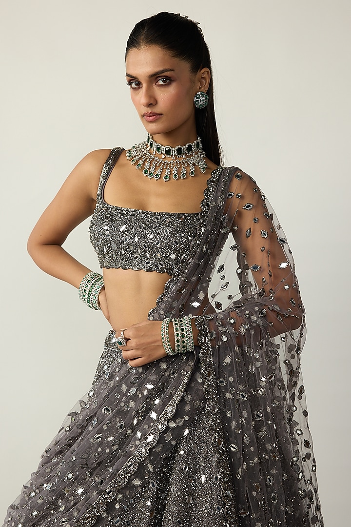 Metallic Grey Organza Bridal Lehenga Set by Vvani By Vani Vats at Pernia's Pop Up Shop